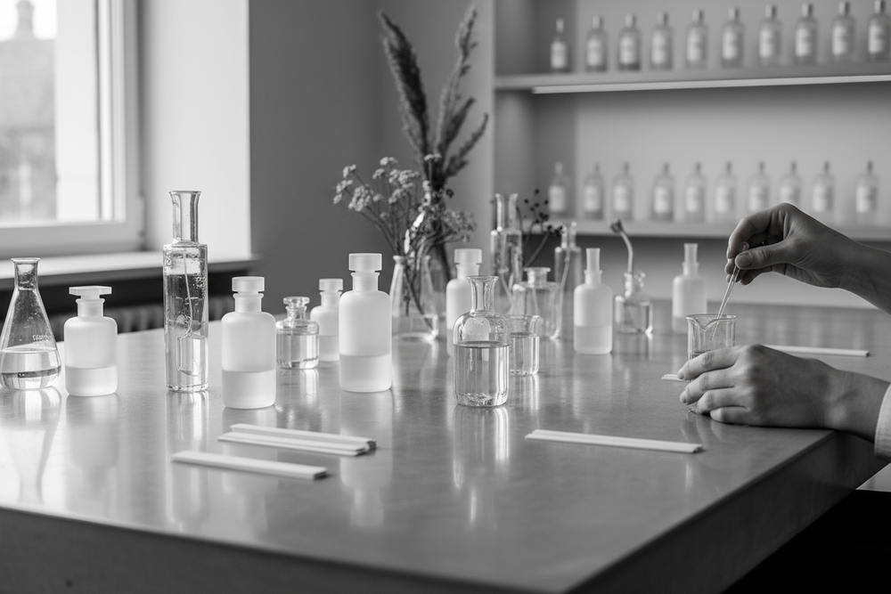 A boutique perfume laboratory environment focused on flexibility and craftsmanship. Glass perfume bottles, pipettes, beakers and scent strips on a clean work table. Subtle artistic mess that suggests creativity and small-batch production. Soft natural light, premium look, cinematic depth of field. Desaturated color palette (black, white, grey, soft green). Minimalistic design, no labels, no text, no people’s faces, only hands working delicately. High-end editorial photography style.